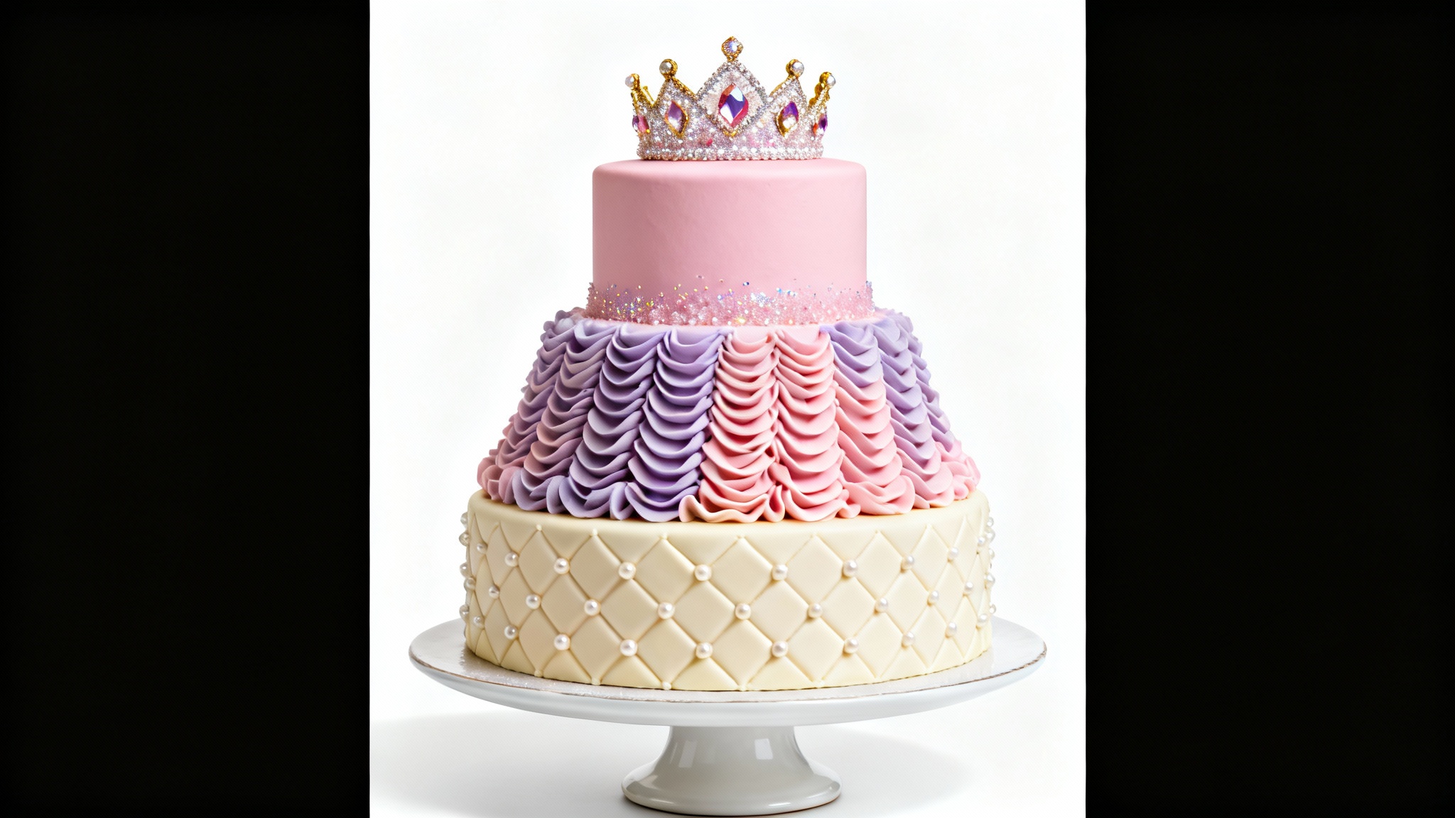 A professionally photographed three-tiered princess cake featuring pink and lavender fondant, ruffles, a quilted pattern, and a sparkling sugar tiara on top, all on a white cake stand against a pure white background.