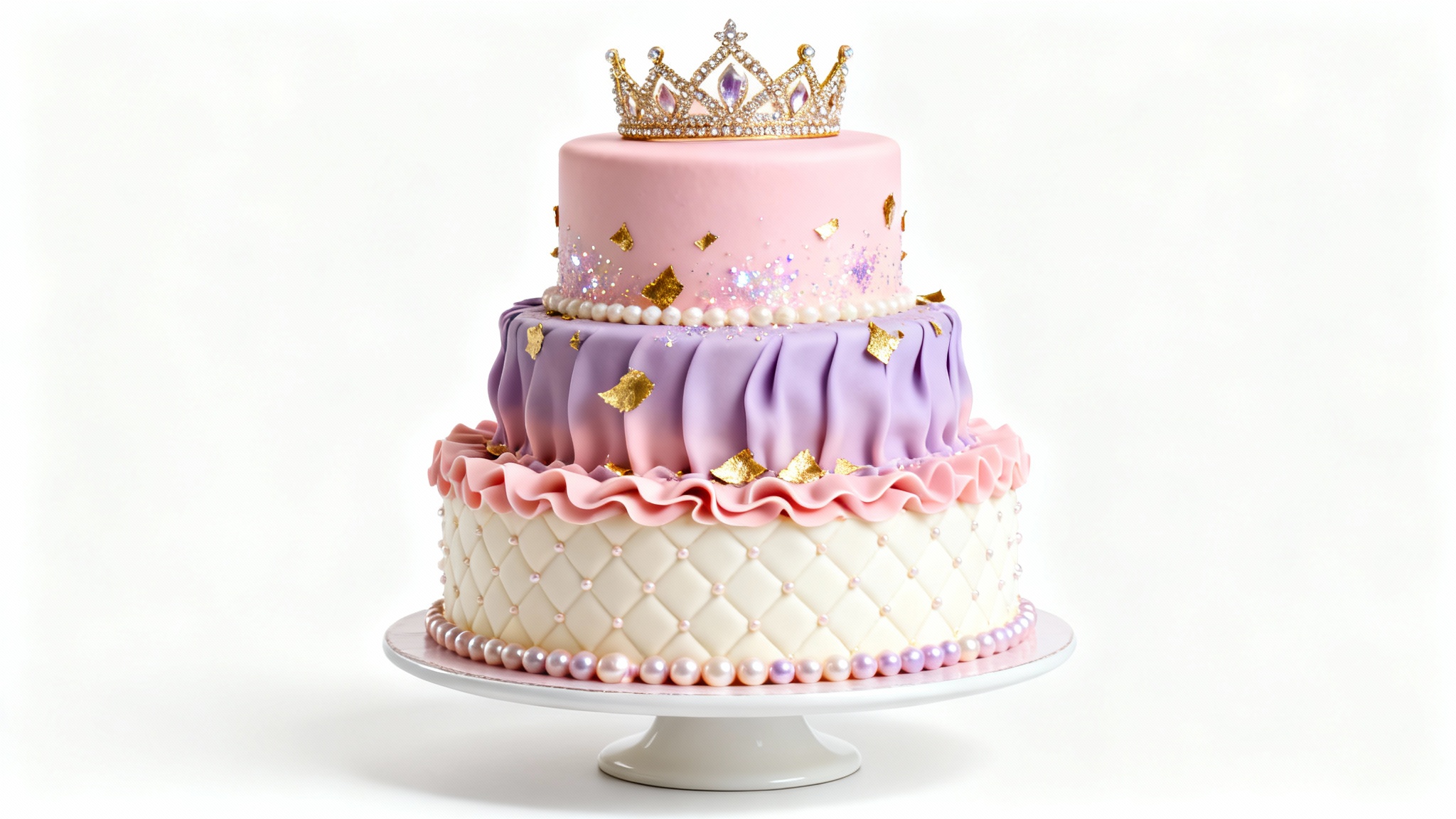 A beautiful three-tiered princess cake on a white stand, against a plain white background. The cake is decorated in pink and lavender, with ruffles, a quilted pattern, and a sparkling gold tiara on top.