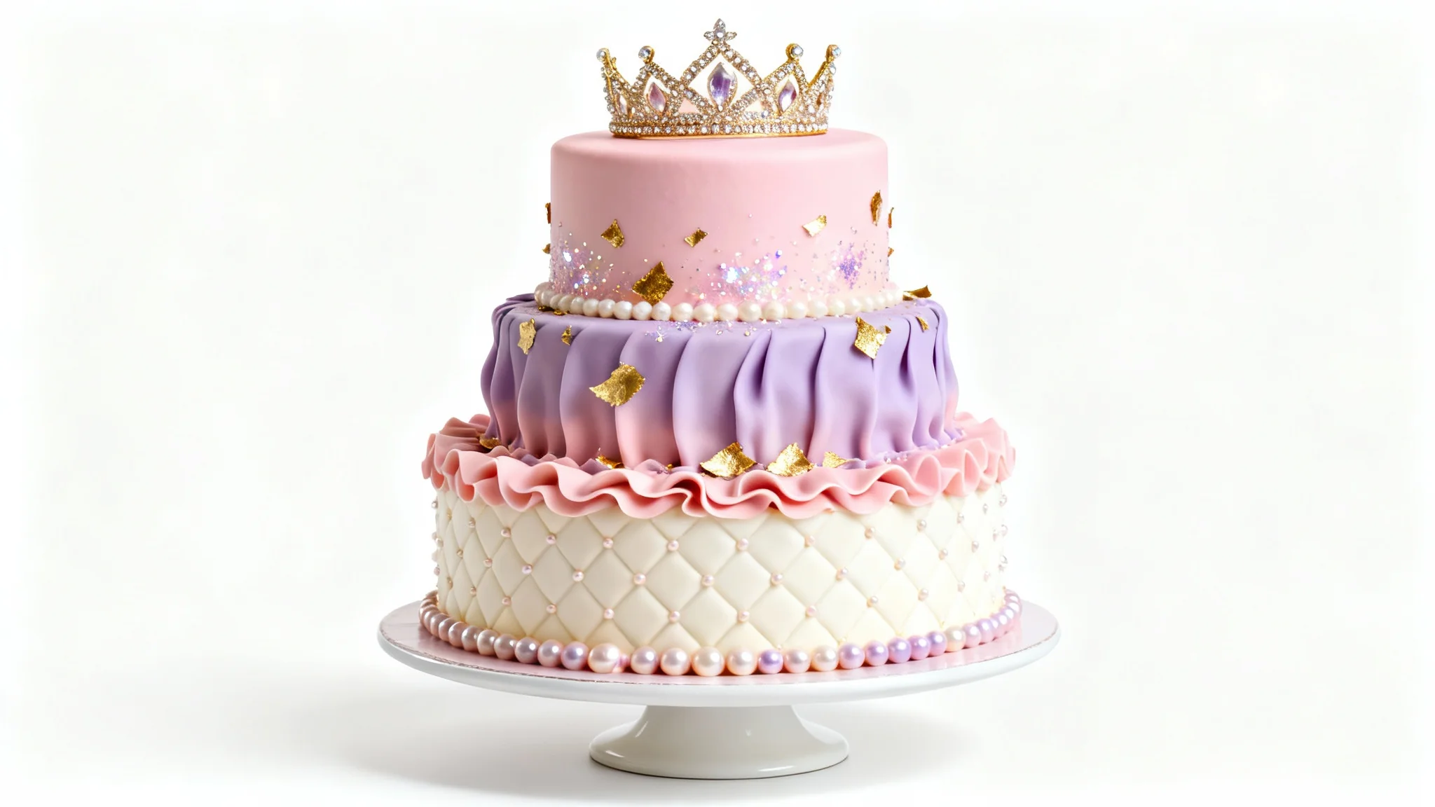 A beautiful three-tiered princess cake on a white stand, against a plain white background. The cake is decorated in pink and lavender, with ruffles, a quilted pattern, and a sparkling gold tiara on top.