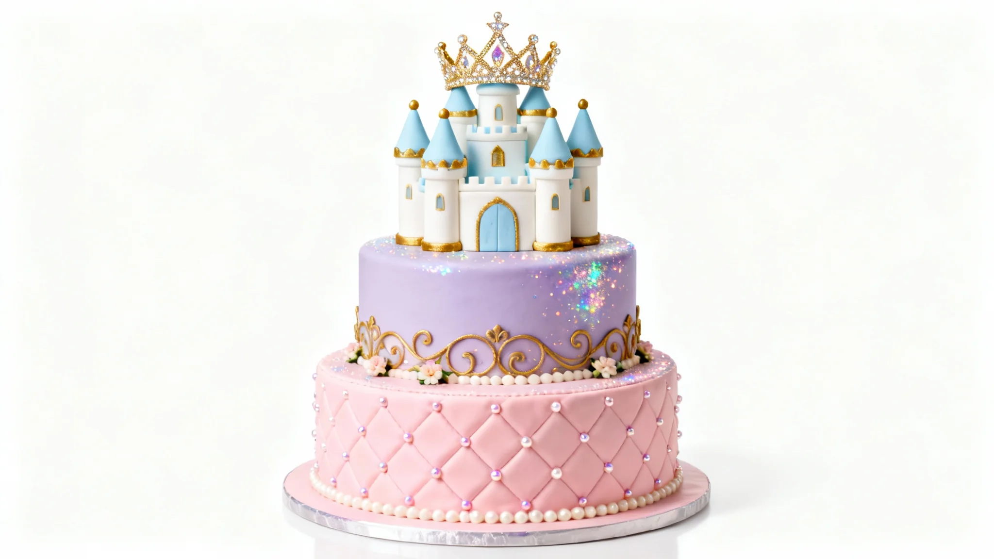 A professionally photographed mockup of a three-tiered princess cake on a white background, featuring a pink quilted base, a lavender tier with gold details, and a castle turret topped with a golden tiara.