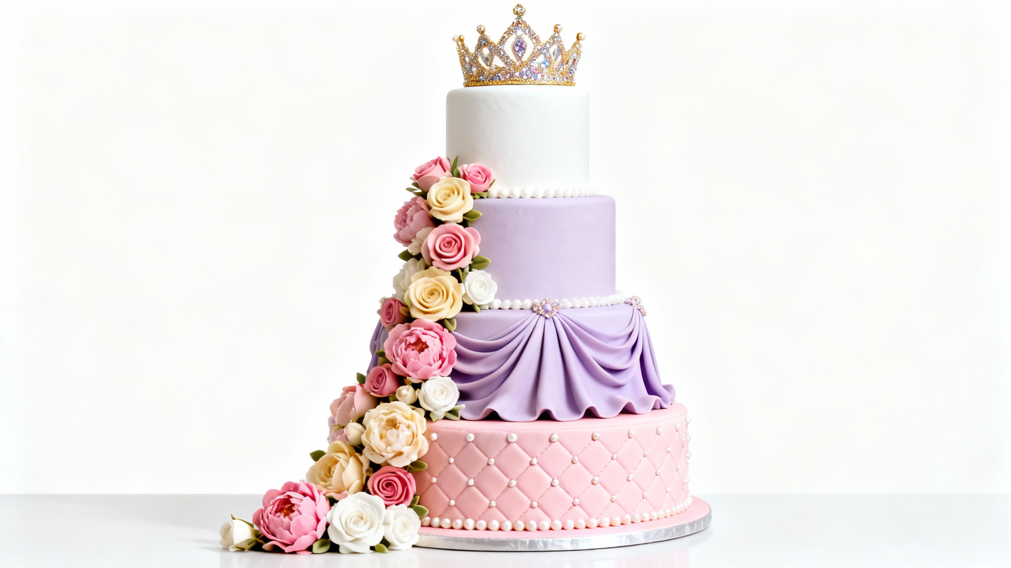 A stunning, photorealistic three-tiered princess cake set against a plain white background. The cake is decorated in pink, purple, and white, featuring a quilted pattern, edible pearls, fondant drapes, a cascade of sugar flowers, and a golden tiara on top.