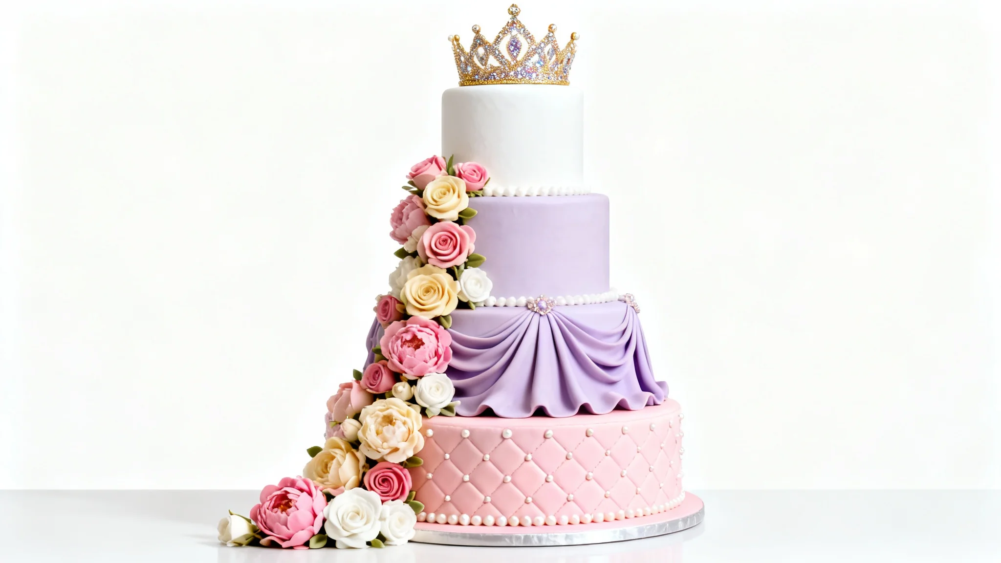 A stunning, photorealistic three-tiered princess cake set against a plain white background. The cake is decorated in pink, purple, and white, featuring a quilted pattern, edible pearls, fondant drapes, a cascade of sugar flowers, and a golden tiara on top.