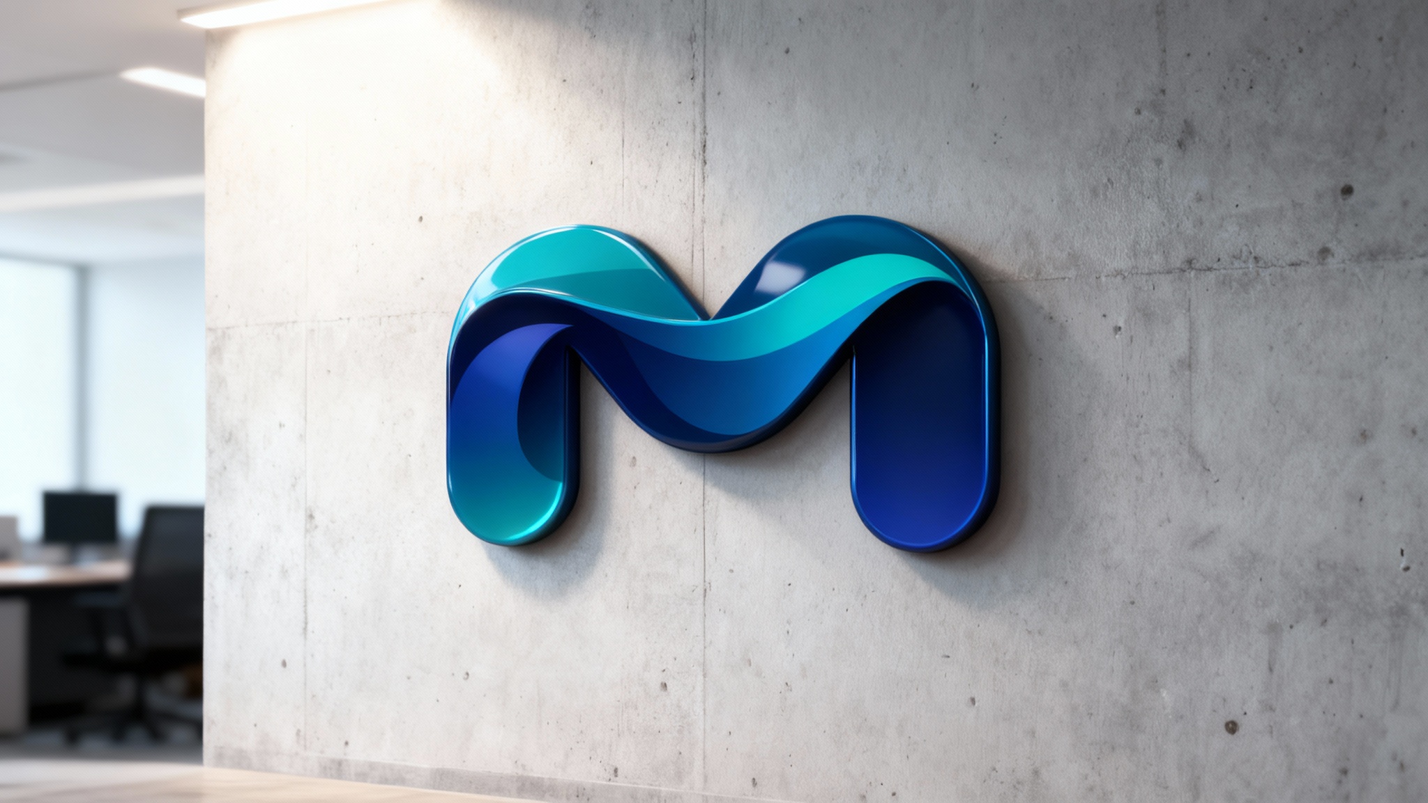 A photorealistic 3D mockup showing a stylized letter 'M' logo with a blue-to-teal gradient, mounted on a modern concrete wall, showcasing a professional branding presentation.