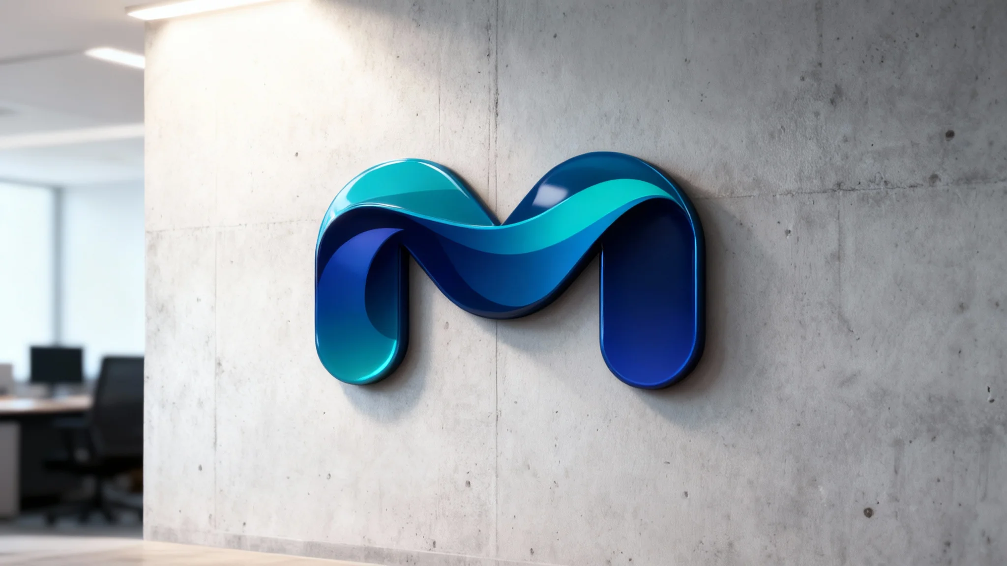 A photorealistic 3D mockup showing a stylized letter 'M' logo with a blue-to-teal gradient, mounted on a modern concrete wall, showcasing a professional branding presentation.