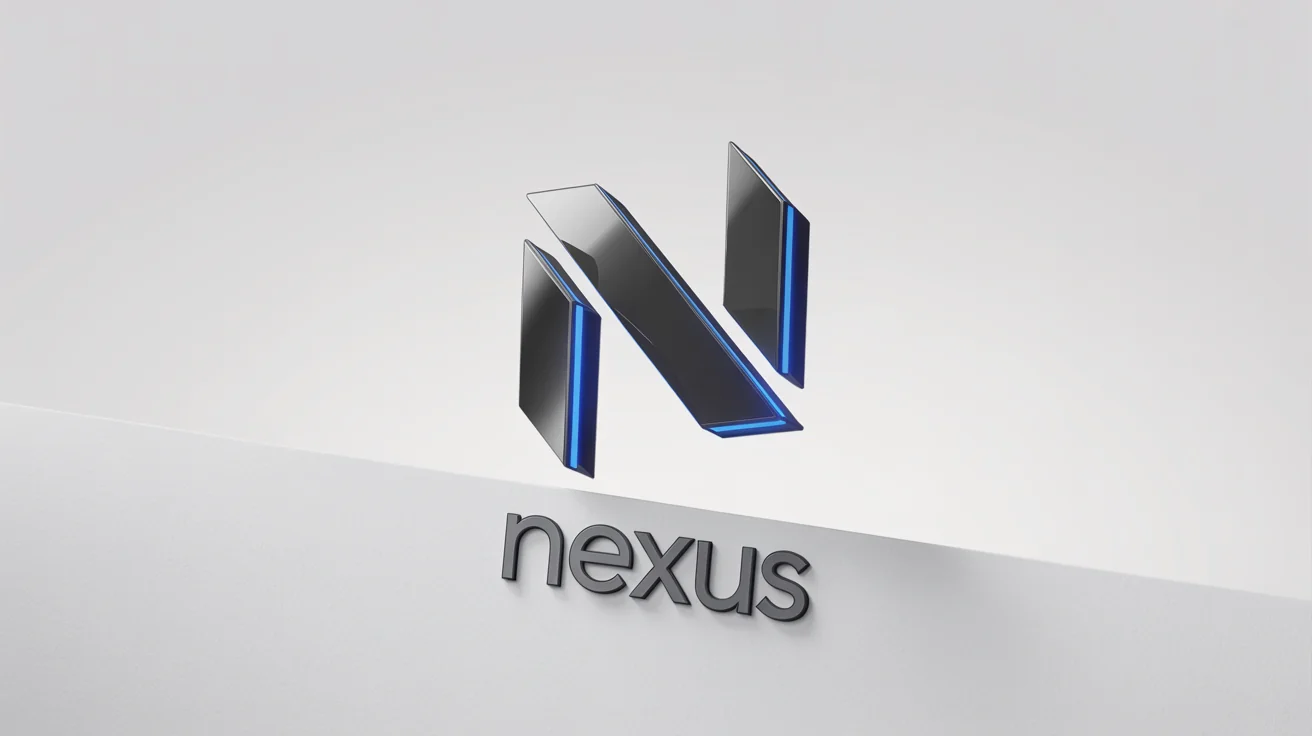 A sleek, 3D logo mockup for the fictional brand 'NEXUS', featuring a dark gunmetal geometric symbol with glowing blue edges, floating over a clean white background.