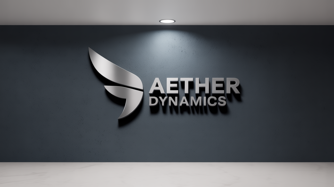 A 3D mockup of the silver metallic logo for a fictional company, 'Aether Dynamics', mounted on a dark textured wall, showcasing a professional and modern branding style.