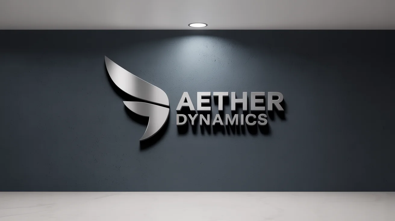 A 3D mockup of the silver metallic logo for a fictional company, 'Aether Dynamics', mounted on a dark textured wall, showcasing a professional and modern branding style.