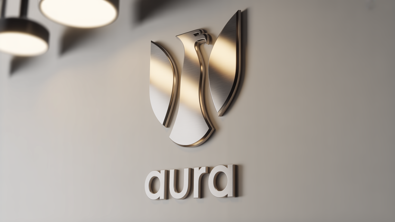 A 3D mockup of a silver and gold abstract eagle logo with the word 'AURA' underneath, mounted on a light gray wall in a professional setting.