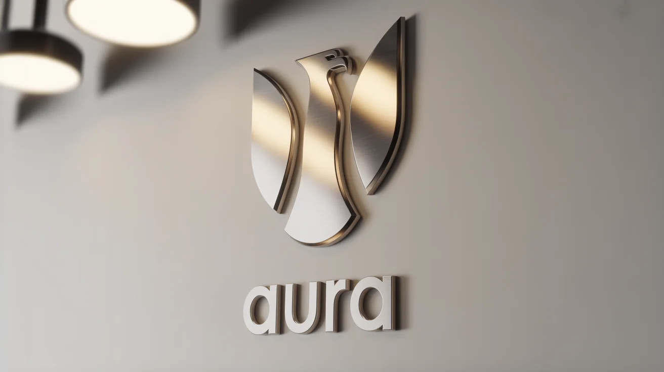 A 3D mockup of a silver and gold abstract eagle logo with the word 'AURA' underneath, mounted on a light gray wall in a professional setting.