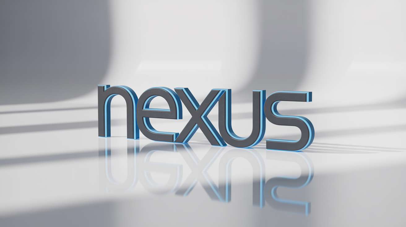 A hyperrealistic 3D logo mockup of the word 'NEXUS' in matte black with glowing blue edges, set against a clean white background.