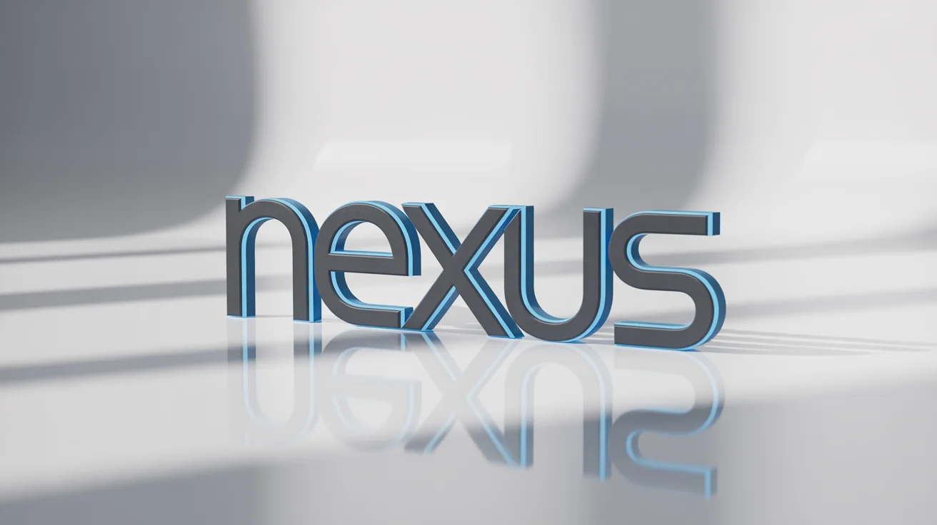 A hyperrealistic 3D logo mockup of the word 'NEXUS' in matte black with glowing blue edges, set against a clean white background.