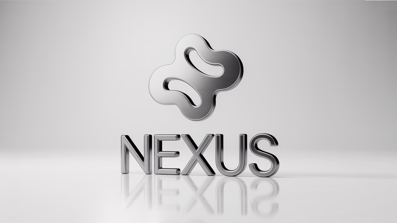 A 3D mockup of the fictional brand logo 'NEXUS', rendered in brushed silver and chrome metal against a clean white background.