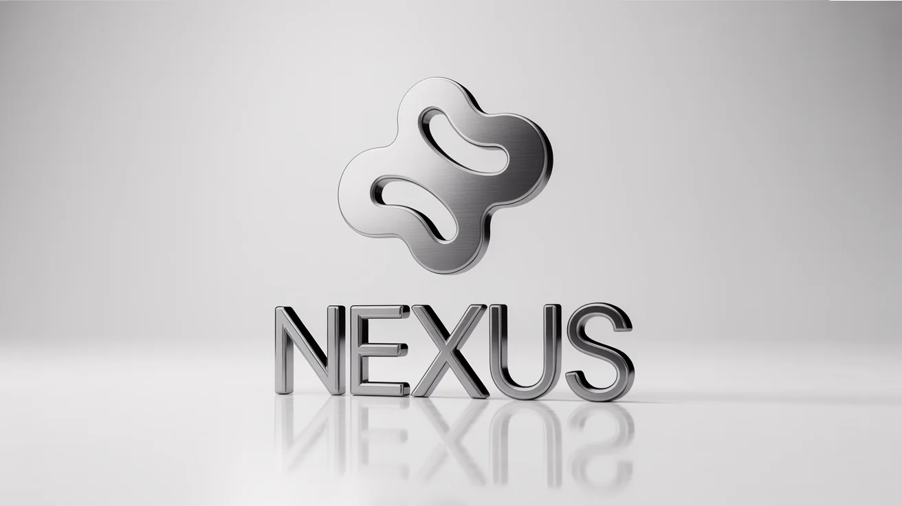 A 3D mockup of the fictional brand logo 'NEXUS', rendered in brushed silver and chrome metal against a clean white background.