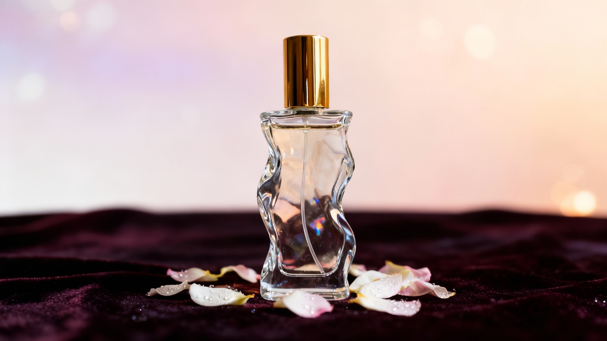 A professional product photograph of a luxurious crystal perfume bottle with a gold cap, set on a velvet surface with flower petals, against a dreamy, soft-focus background.
