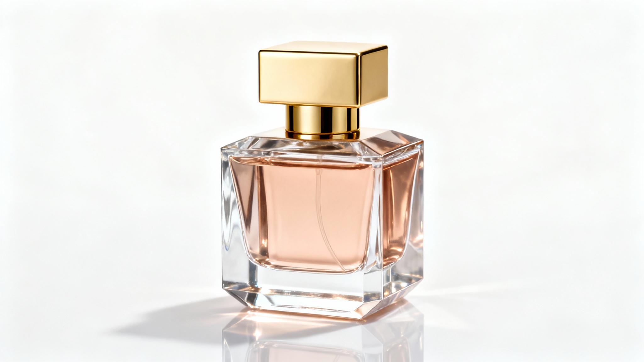 A professional studio photograph of a luxurious, geometrically shaped perfume bottle with a gold cap, set against a clean white background in a minimalist style.