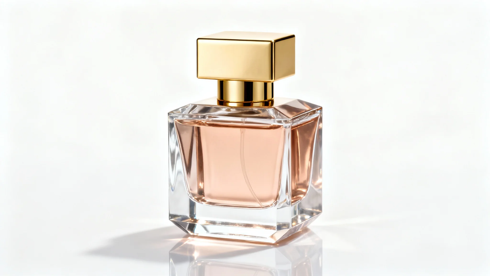 A professional studio photograph of a luxurious, geometrically shaped perfume bottle with a gold cap, set against a clean white background in a minimalist style.