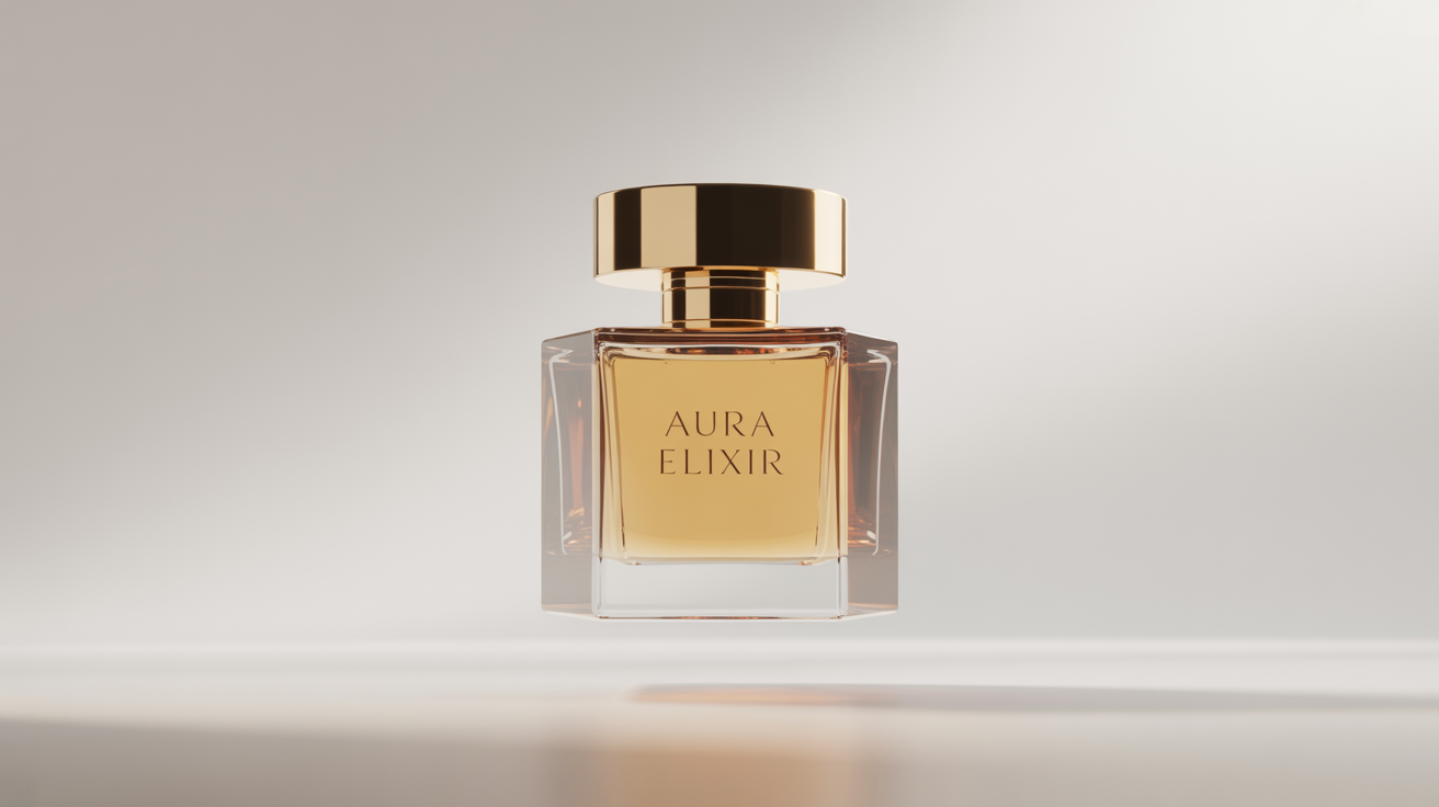 A professional product photograph of an elegant perfume bottle with a gold cap against a clean white background, with the words 'AURA ELIXIR' printed on the front.