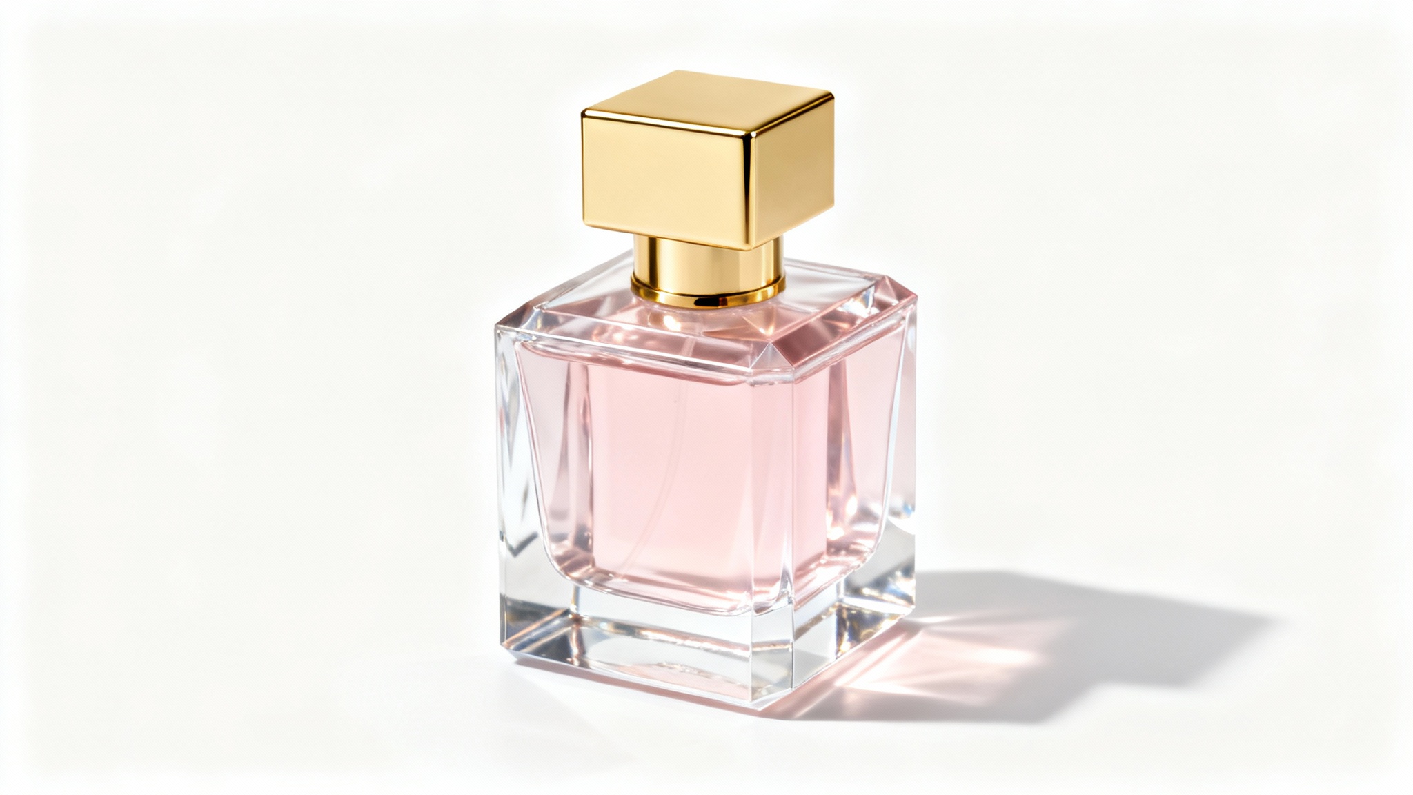 A professional product photograph of a minimalist glass perfume bottle with a gold cap, filled with pink liquid, set against a clean white background.
