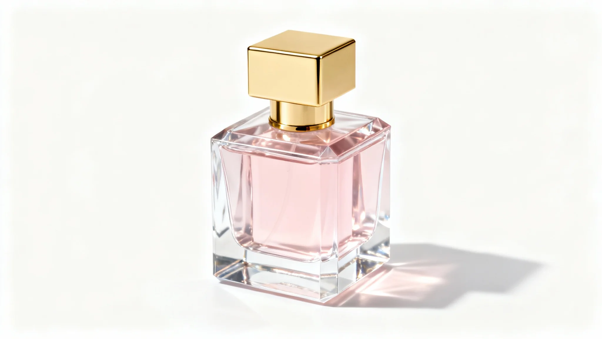 A professional product photograph of a minimalist glass perfume bottle with a gold cap, filled with pink liquid, set against a clean white background.