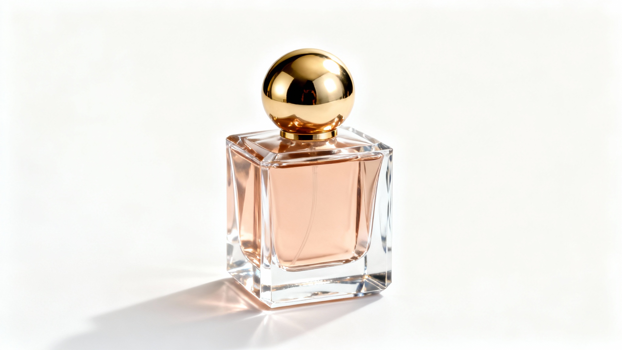 A professional studio photograph of a luxurious, geometrically shaped perfume bottle with a gold cap, set against a pristine white background, showcasing elegant product photography.