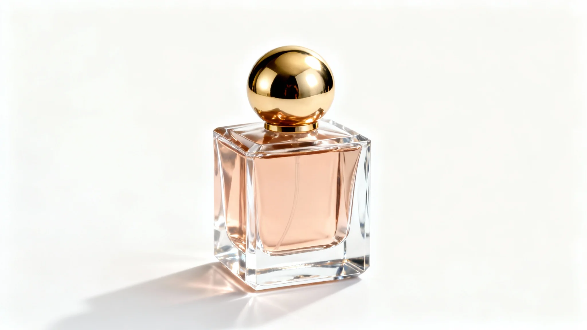 A professional studio photograph of a luxurious, geometrically shaped perfume bottle with a gold cap, set against a pristine white background, showcasing elegant product photography.