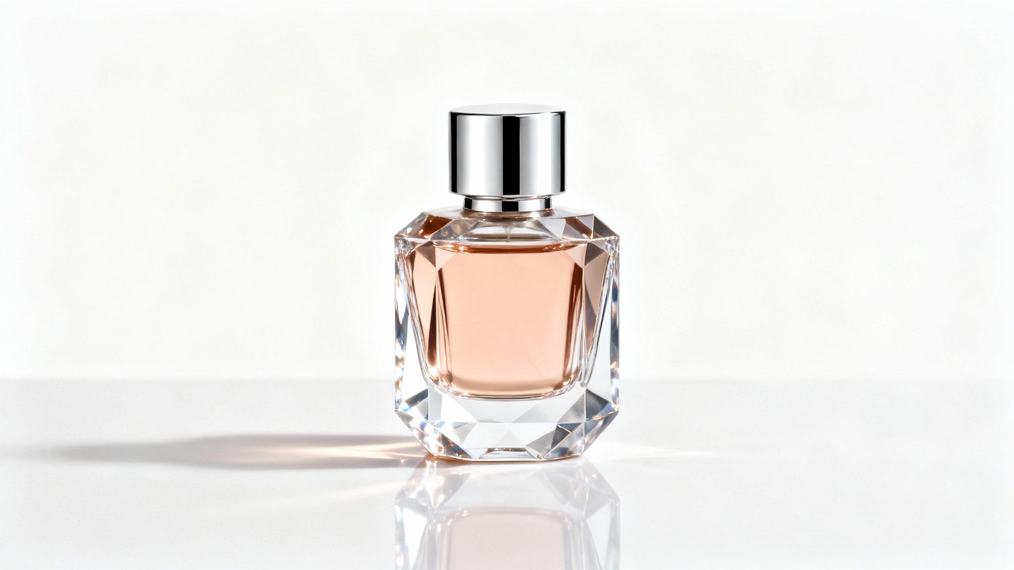 A photorealistic product shot of a luxurious, geometric perfume bottle with a silver cap, filled with rose-gold liquid and set against a clean white background.