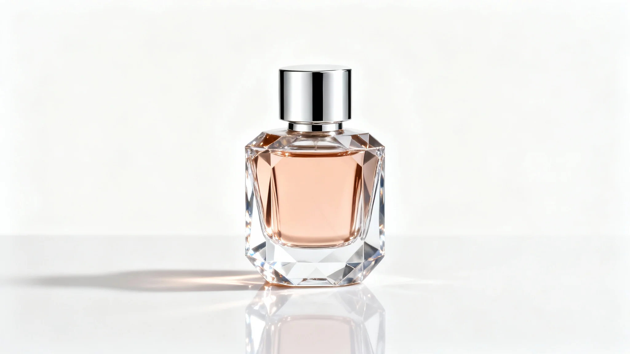 A photorealistic product shot of a luxurious, geometric perfume bottle with a silver cap, filled with rose-gold liquid and set against a clean white background.