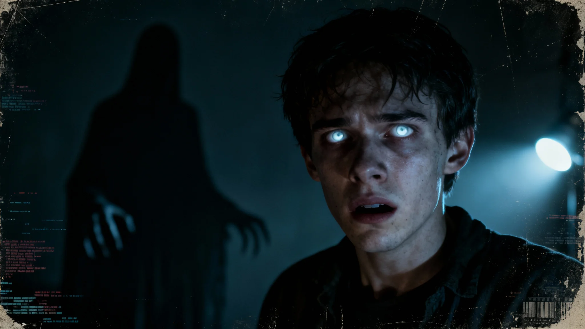 An eye-catching, terrifying photo created by a horror photo editor, showing a person with glowing white eyes and a ghostly figure looming in the dark background.