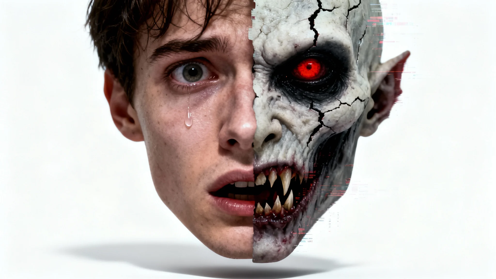 A high-resolution, edited horror photo of a face against a white background. One half of the face is a normal, terrified person, while the other half is a demonic monster with a glowing red eye.