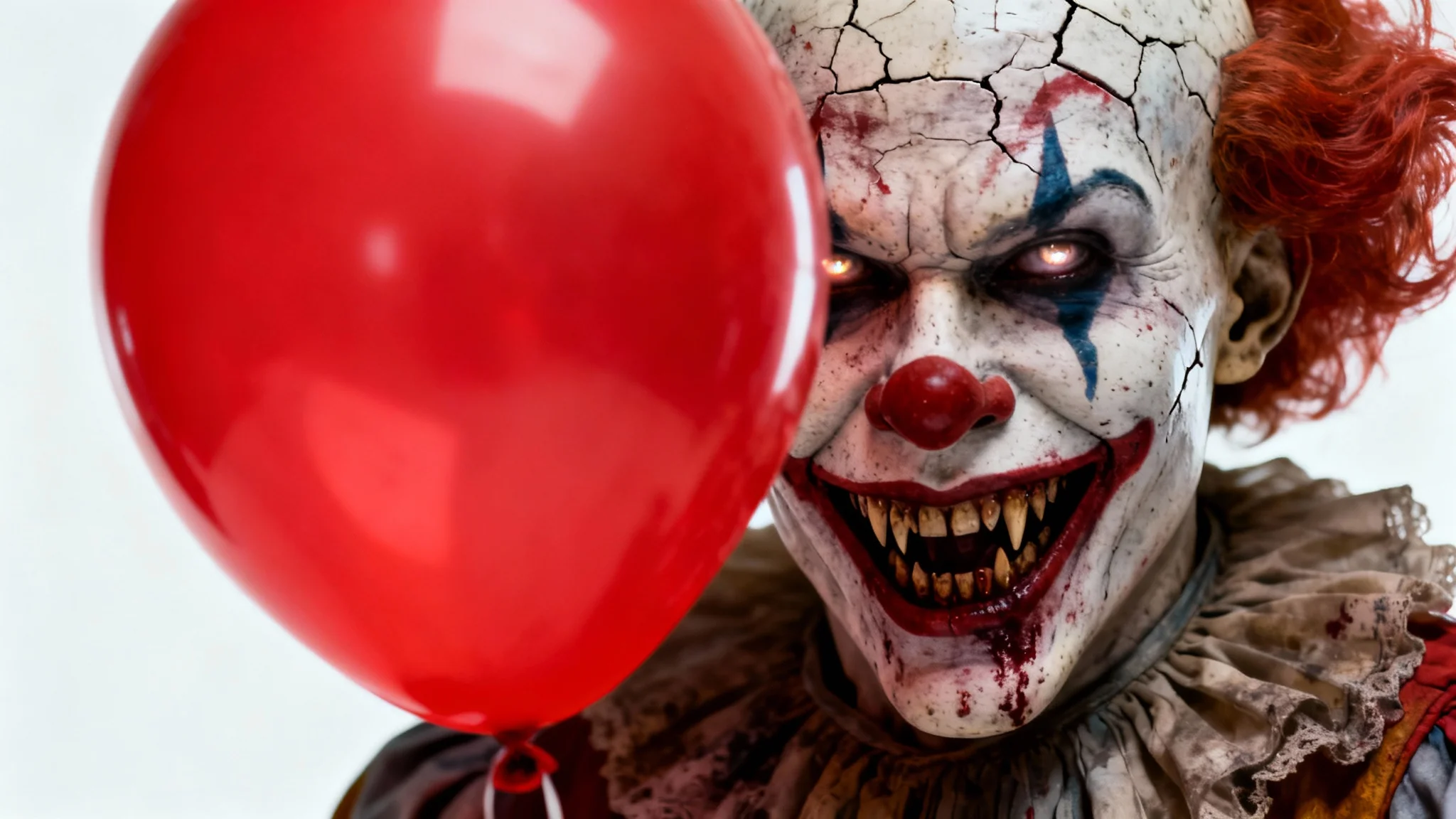 A terrifying, photorealistic clown with a sinister grin and glowing eyes peeking from behind a red balloon, isolated on a stark white background to represent a horror photo editor effect.