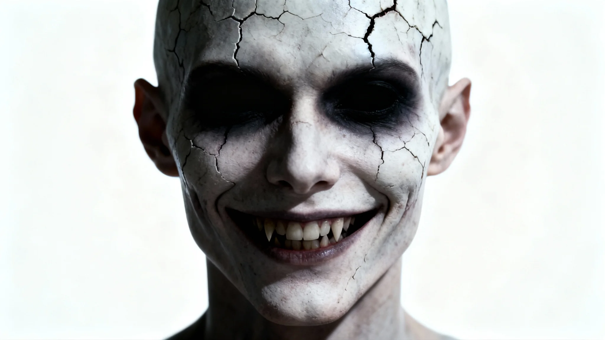 A photorealistic horror-edited portrait showing a person with cracked pale skin, black eyes, and a sinister smile, set against a white background.