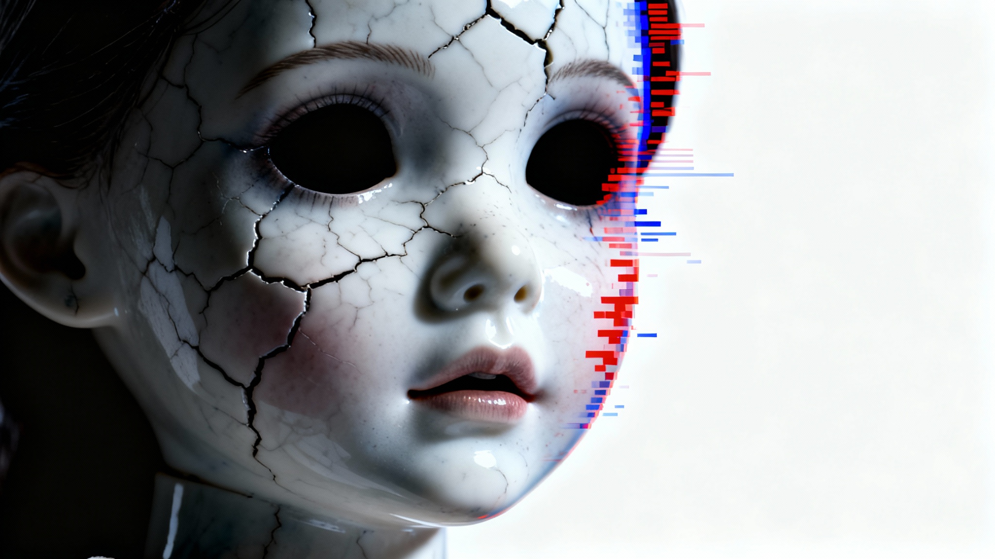 A close-up, edited horror portrait of a woman with solid black eyes and cracked skin against a stark white background.