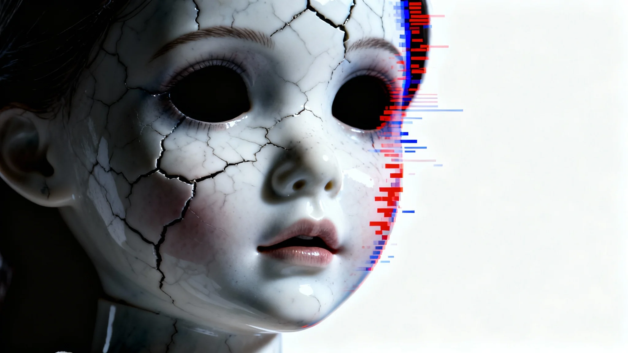 A close-up, edited horror portrait of a woman with solid black eyes and cracked skin against a stark white background.