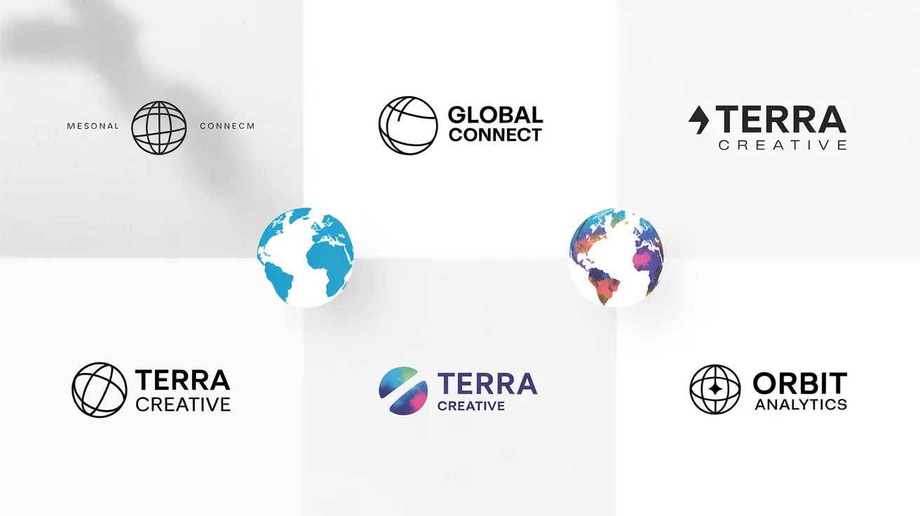A collection of professionally designed globe logos in various modern styles, including minimalist, abstract, and geometric, arranged in a grid on a white background.