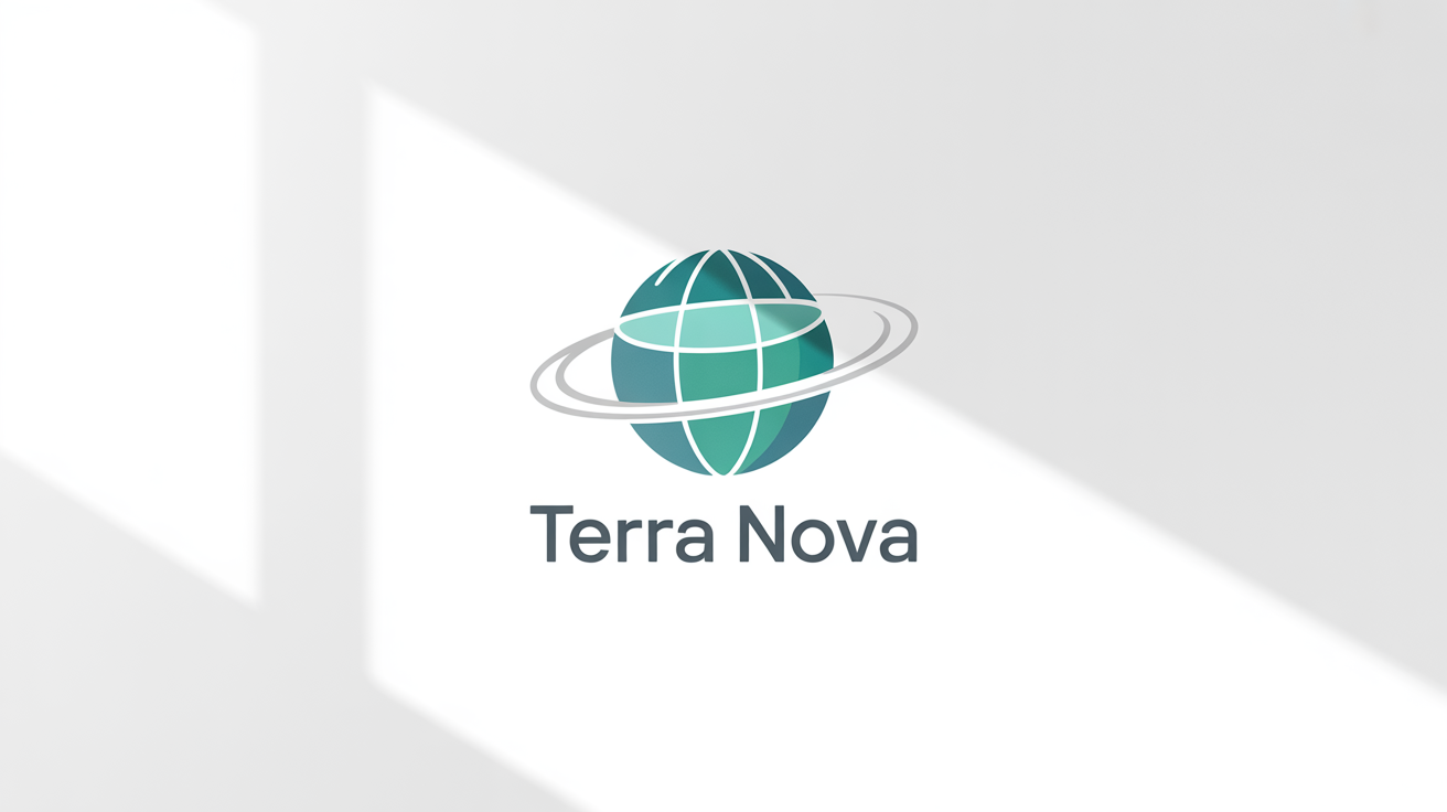 A modern, minimalist globe logo with blue and green lines and an orbiting swoosh, with the fictional company name 'Terra Nova' written below it on a clean white background.