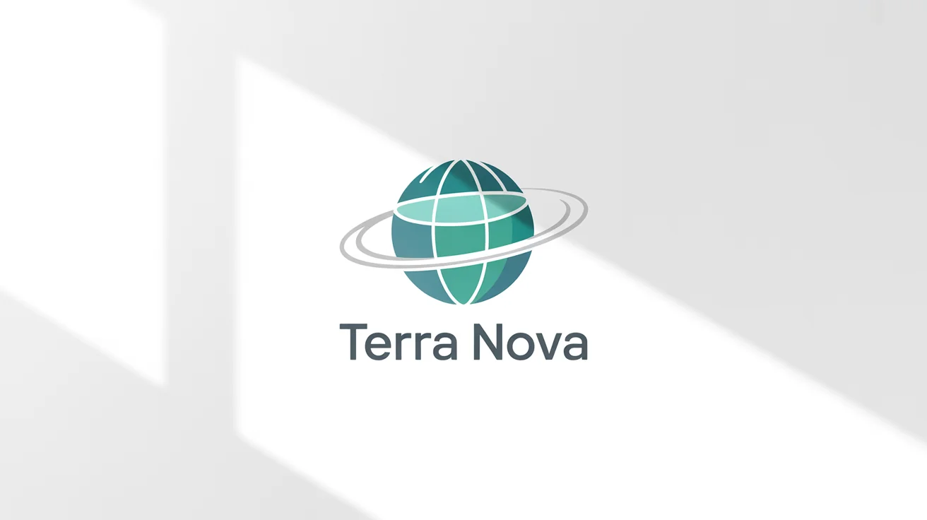 A modern, minimalist globe logo with blue and green lines and an orbiting swoosh, with the fictional company name 'Terra Nova' written below it on a clean white background.