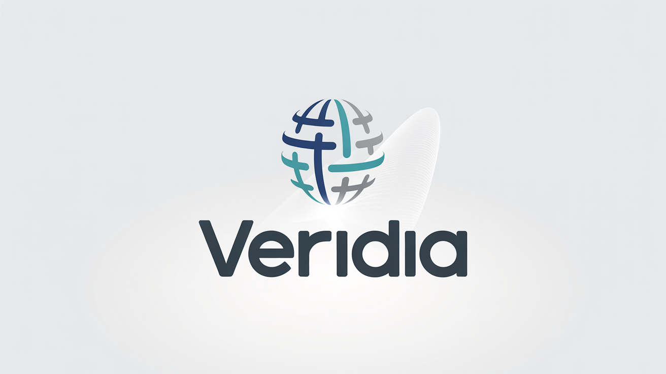 A modern and minimalist globe logo in navy blue and teal, with the fictional brand name 'Veridia' underneath, set against a plain white background.