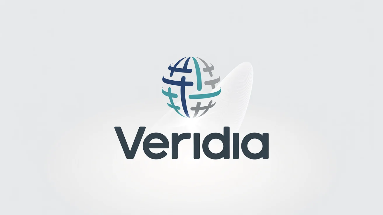A modern and minimalist globe logo in navy blue and teal, with the fictional brand name 'Veridia' underneath, set against a plain white background.