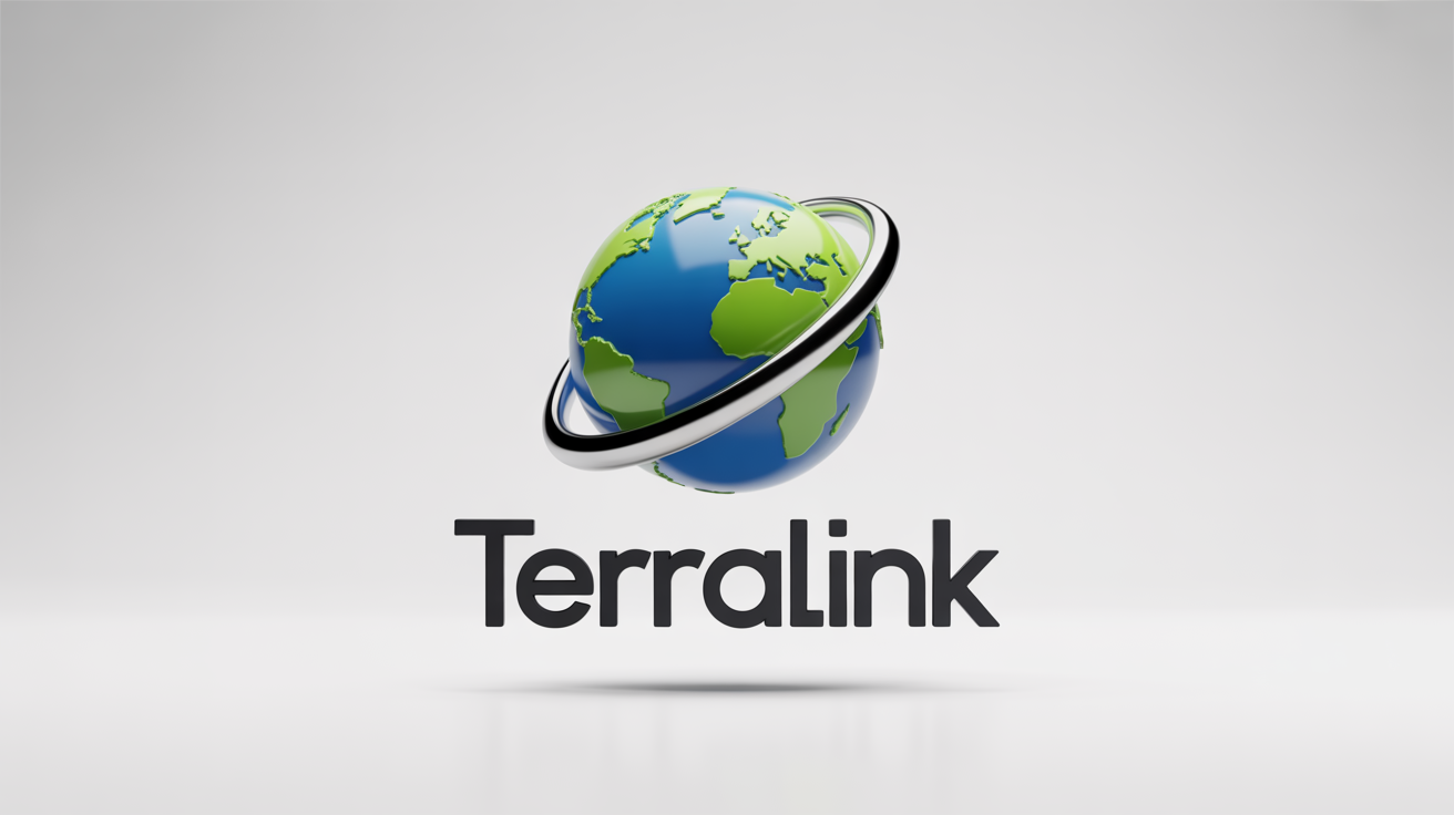 A modern 3D globe logo for a fictional company named 'TerraLink', featuring green continents, a blue sphere, and a silver swoosh, all on a clean white background.