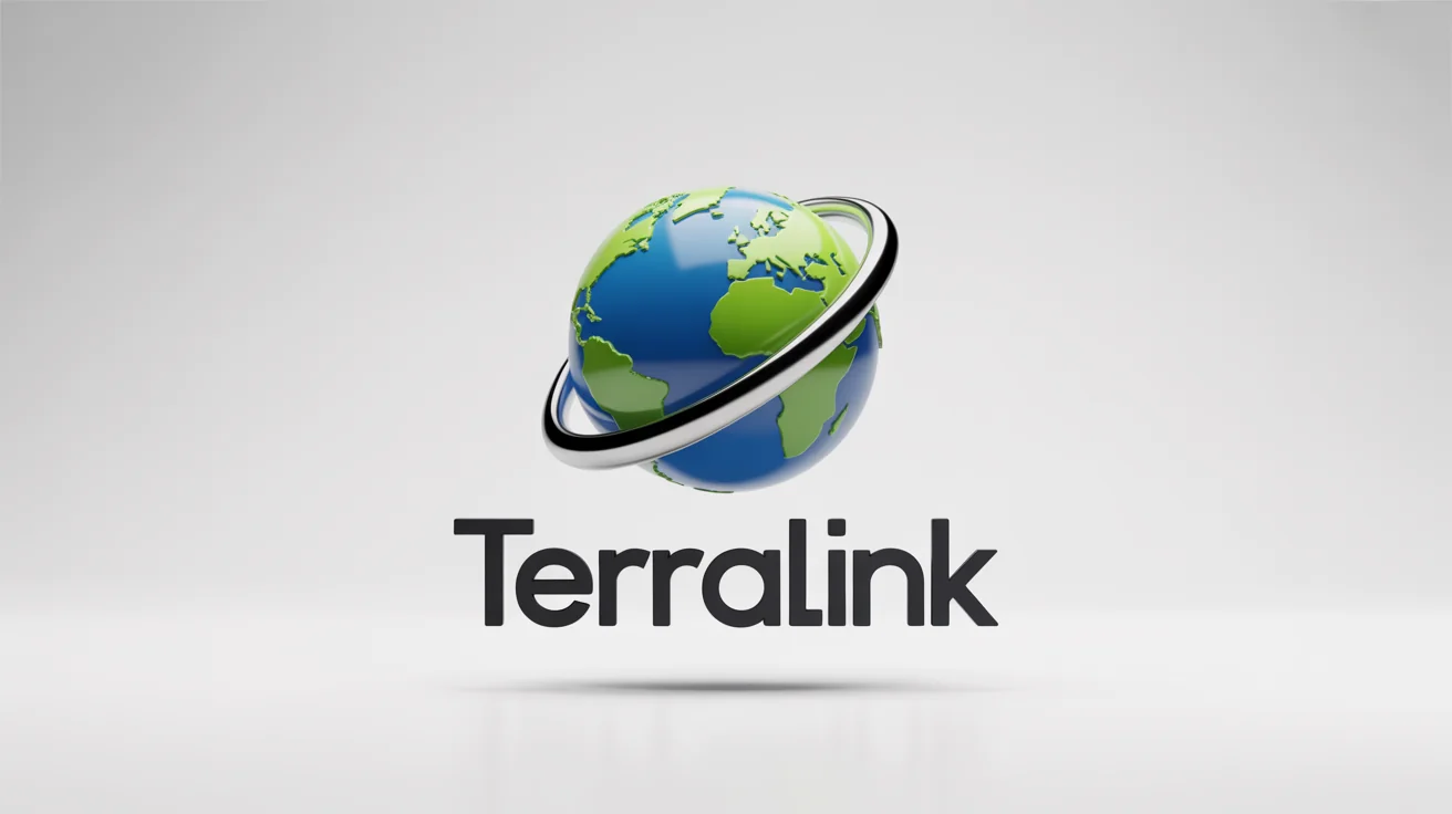 A modern 3D globe logo for a fictional company named 'TerraLink', featuring green continents, a blue sphere, and a silver swoosh, all on a clean white background.