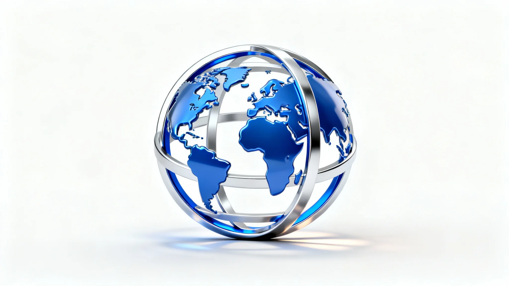 A modern, 3D globe logo in blue and silver, representing global connectivity and business, displayed on a clean white background.