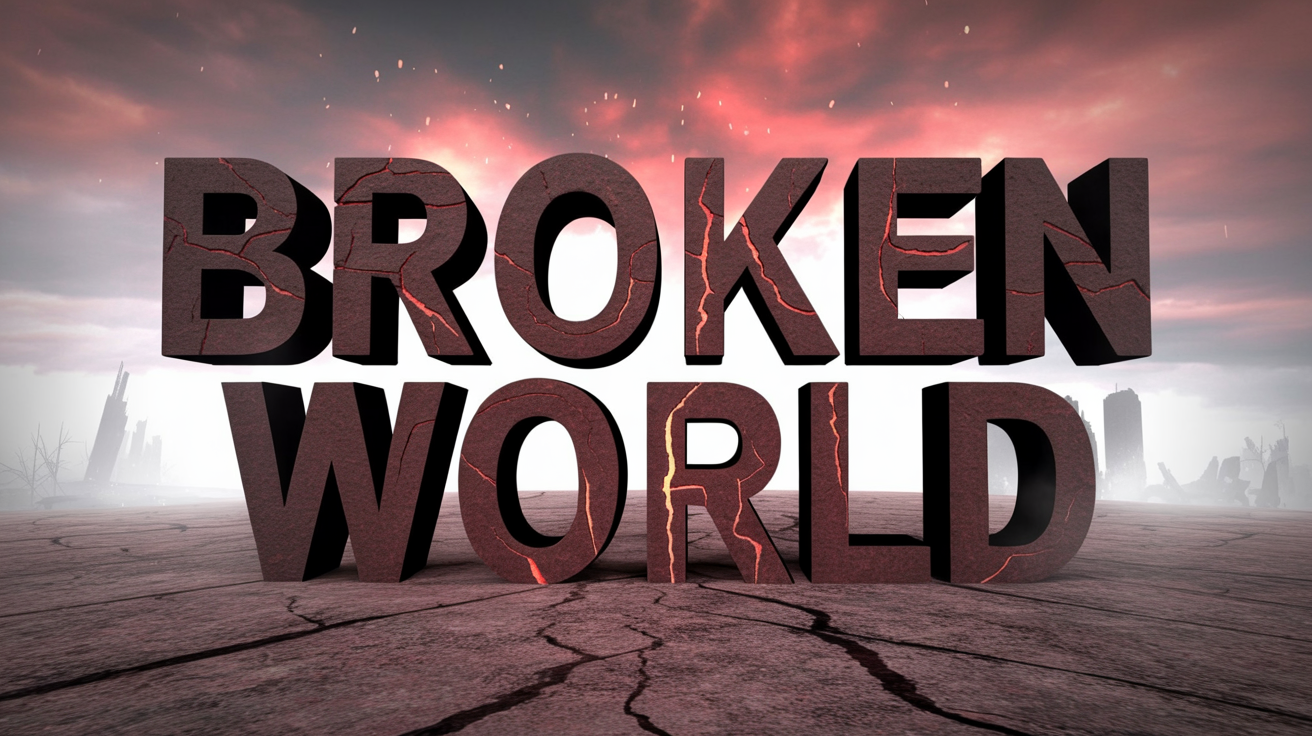 A cinematic hero image showcasing a cracked text effect. The words 'BROKEN WORLD' are featured in the center, appearing as crumbling, 3D red stone with deep cracks. The background is a desolate wasteland under a stormy red sky.