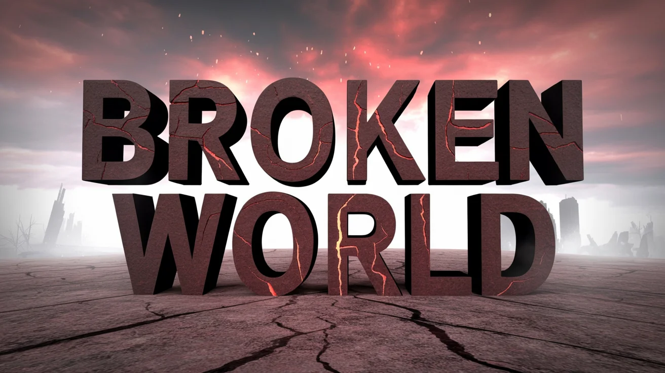 A cinematic hero image showcasing a cracked text effect. The words 'BROKEN WORLD' are featured in the center, appearing as crumbling, 3D red stone with deep cracks. The background is a desolate wasteland under a stormy red sky.