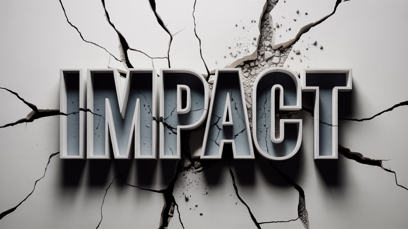A dramatic close-up of the word 'IMPACT' with a photorealistic cracked text effect, appearing as if it's shattering against a clean white background.