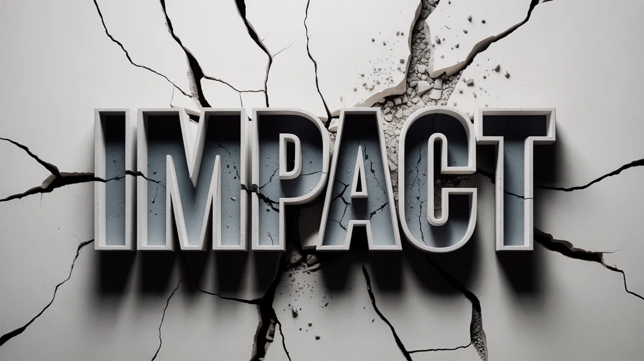 A dramatic close-up of the word 'IMPACT' with a photorealistic cracked text effect, appearing as if it's shattering against a clean white background.