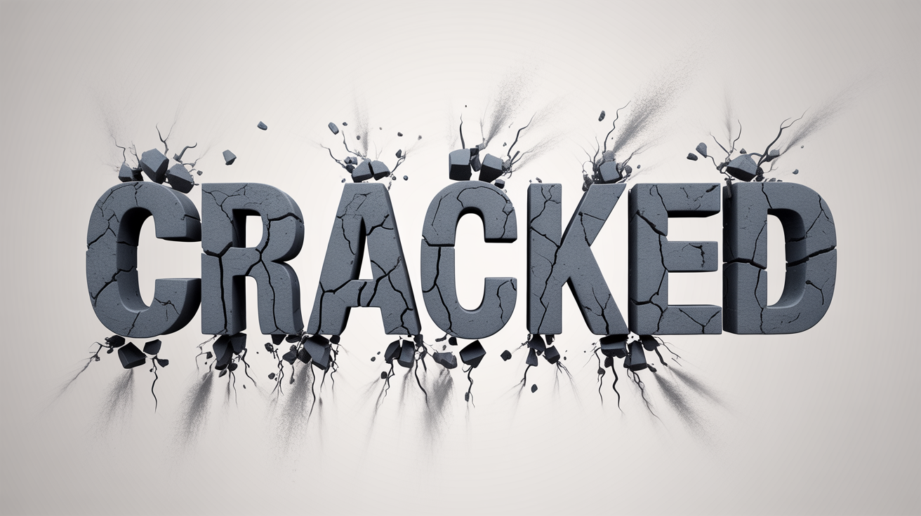 A photorealistic image of the word 'CRACKED' made from dark, shattering concrete, demonstrating a cracked text effect against a stark white background.