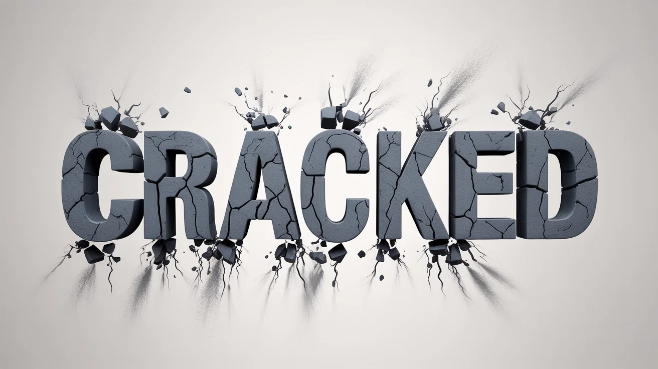 A photorealistic image of the word 'CRACKED' made from dark, shattering concrete, demonstrating a cracked text effect against a stark white background.