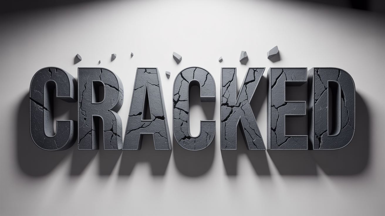 A 3D rendering of the word 'CRACKED' made of dark grey stone. The text has a realistic cracked and crumbling effect, set against a plain white background.