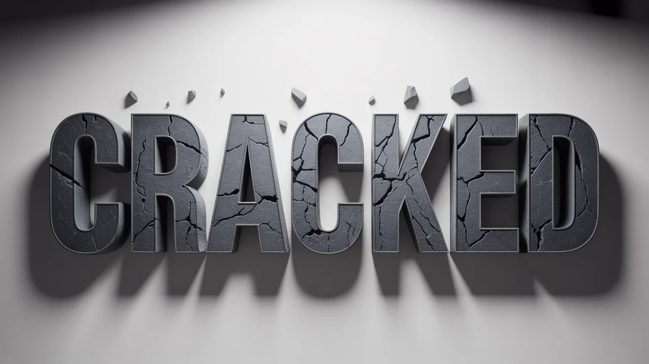 A 3D rendering of the word 'CRACKED' made of dark grey stone. The text has a realistic cracked and crumbling effect, set against a plain white background.