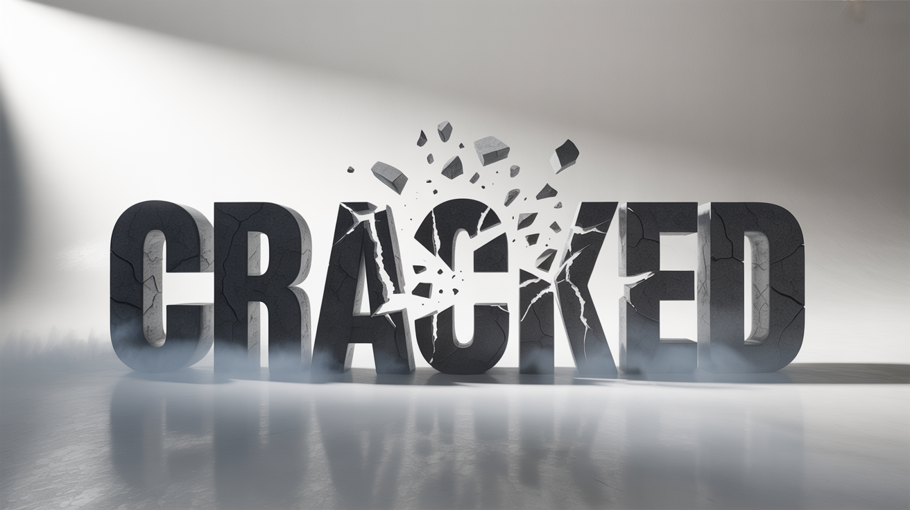 A 3D rendering of the word "CRACKED" made of dark grey stone, actively shattering with visible cracks and debris, set against a plain white background.
